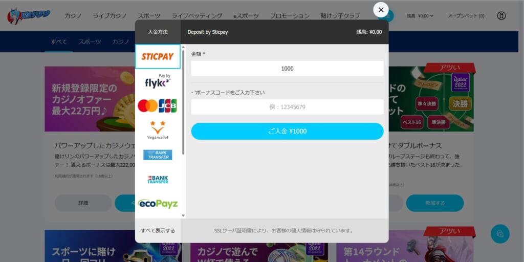 賭けっ子リンリンの公式サイト入金額とボーナスコード入力画面
