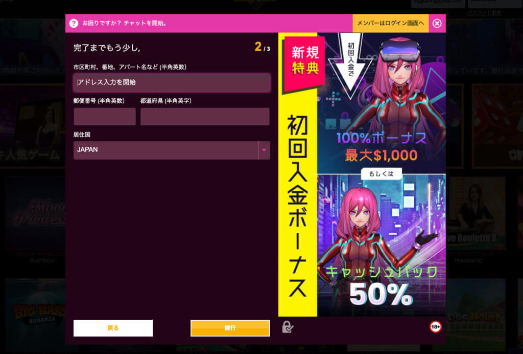 ラッキーニッキー公式サイト必要事項入力画面