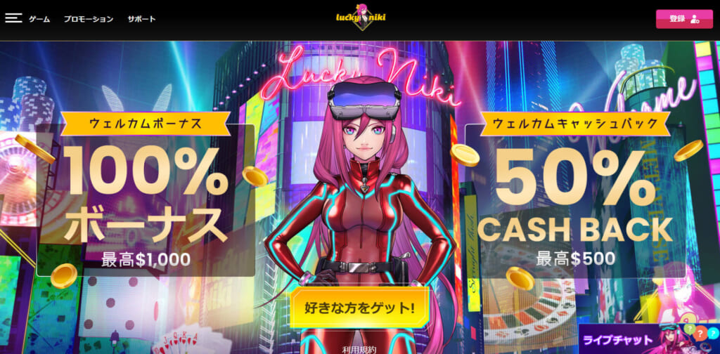 ウェルカムボーナス100％ボーナス　最高$1,000ウェルカムキャッシュバック50％ CASH BACK　最高$500