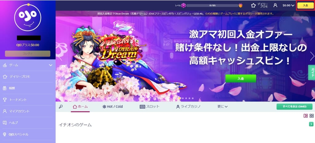 PlayOJO 「入金」
