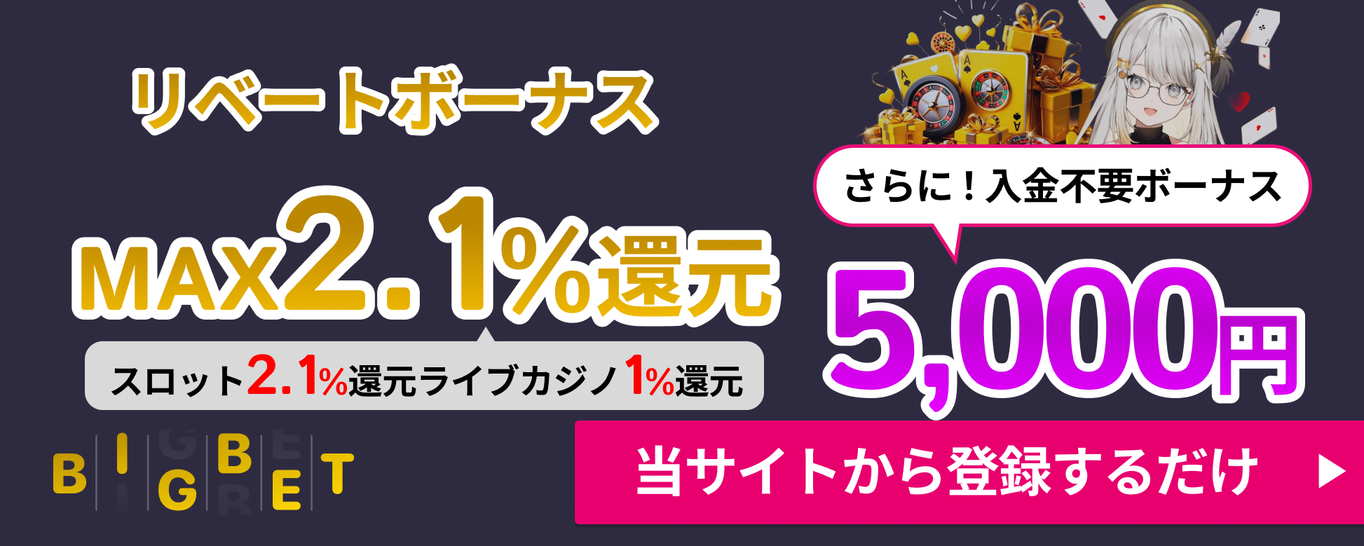 BIGBET リベートボーナス MAX3%還元 さらに!入金不要ボーナス5,000円